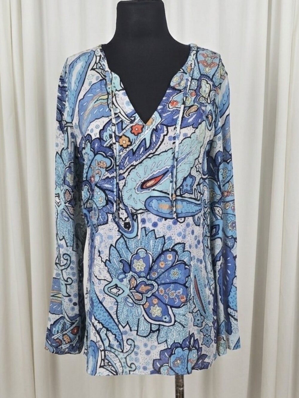 i.e. 100% Silk Blue Paisley V-Neck Tunic Top.